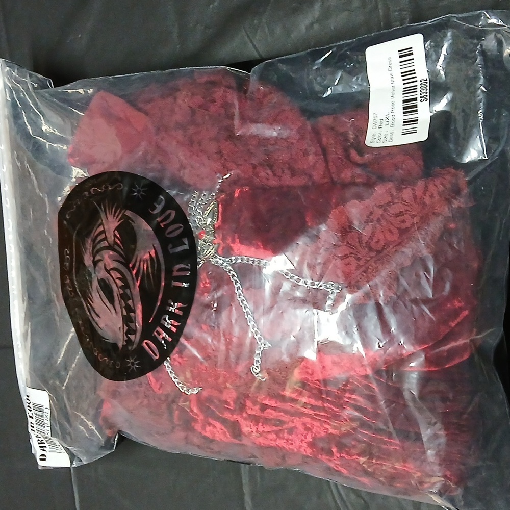 Dark In Love Blood Rose Red Velvet & Lace Gothic Maxi Dress w/ Chain Accent XL - Picture 15 of 16